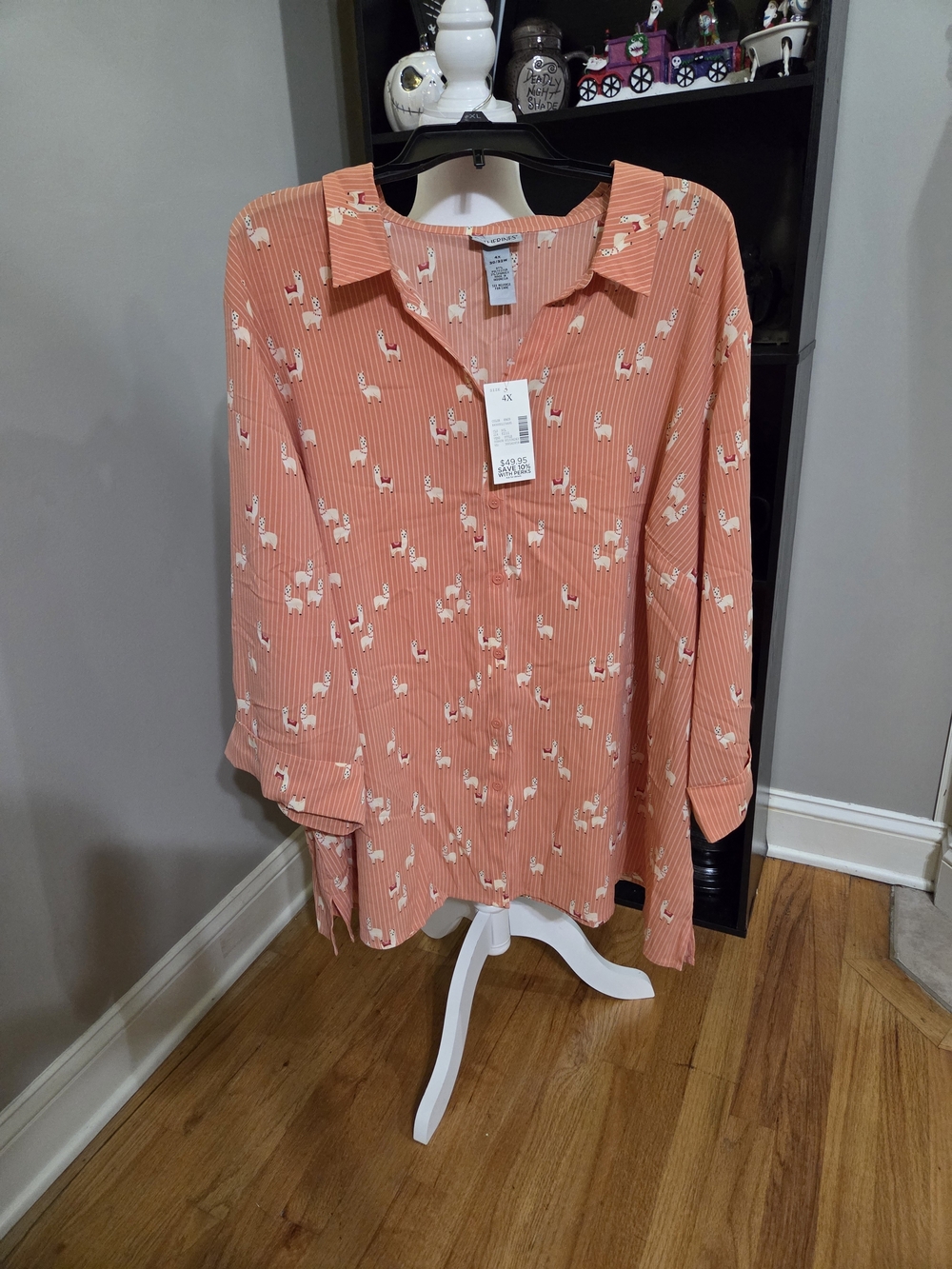 Catherines Coral Button-Front Tunic with White Llama Print